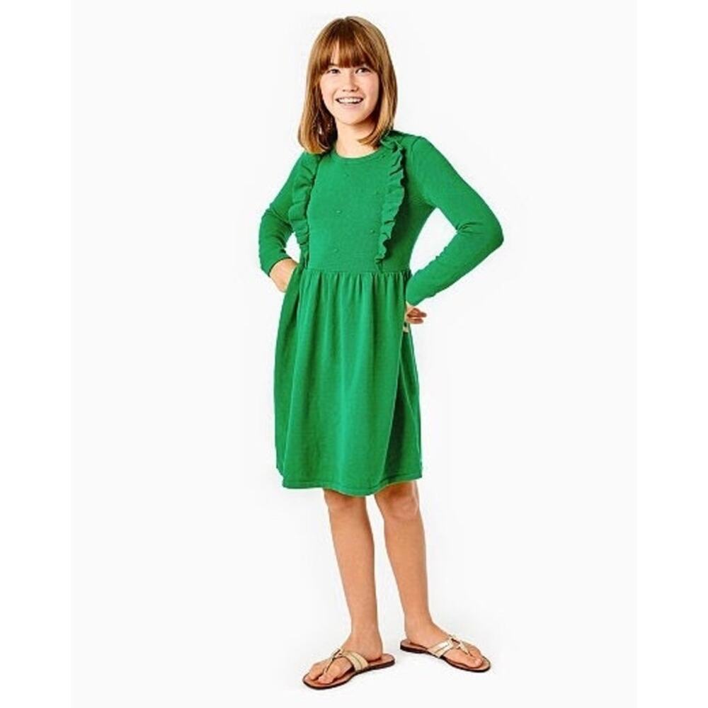 Girls' Green Ruffle-Trim Long Sleeve Dress